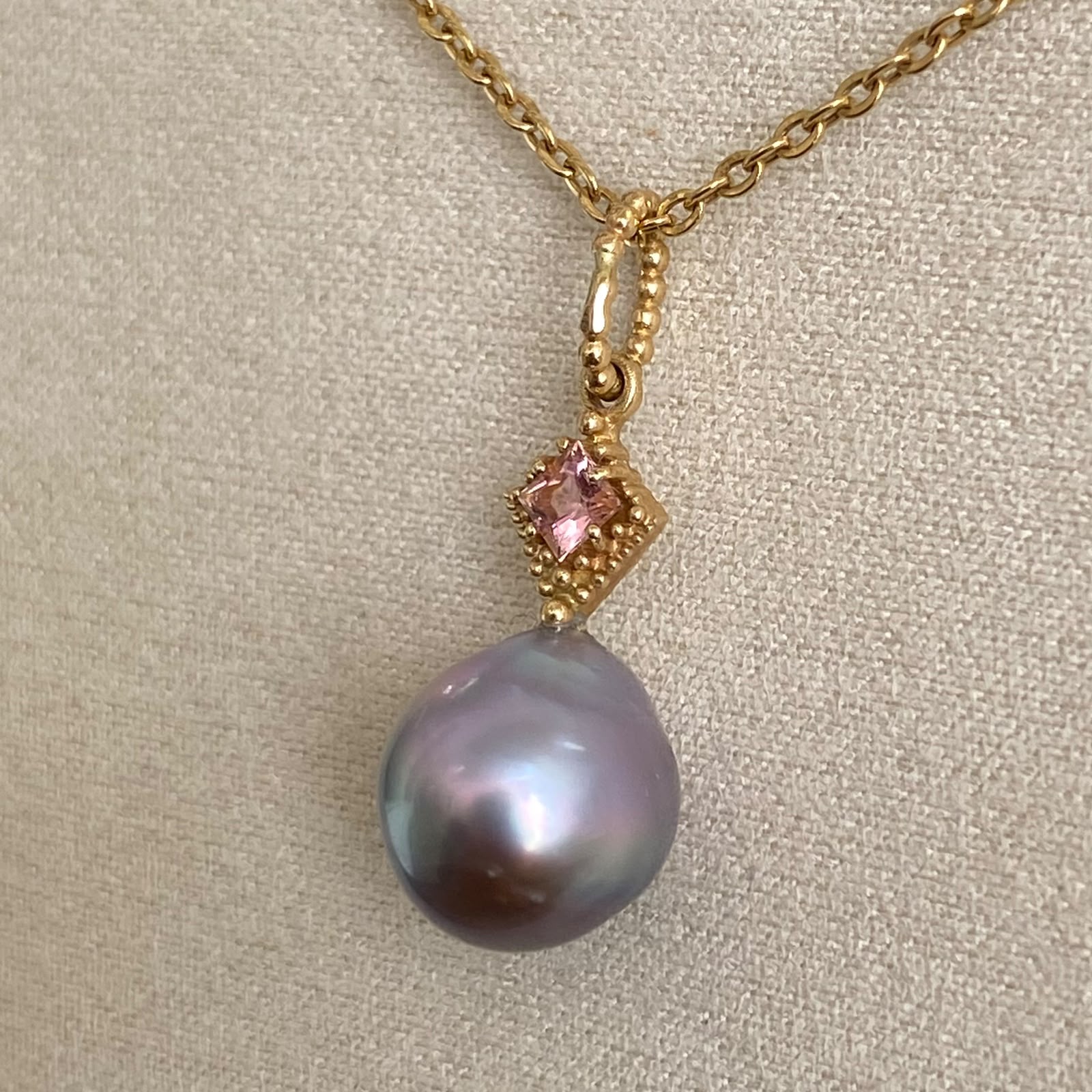 Lovely Cortez Pearl on 14K Yellow Gold Pendant with Pink Tourmaline by Kathe Mai - Image 5