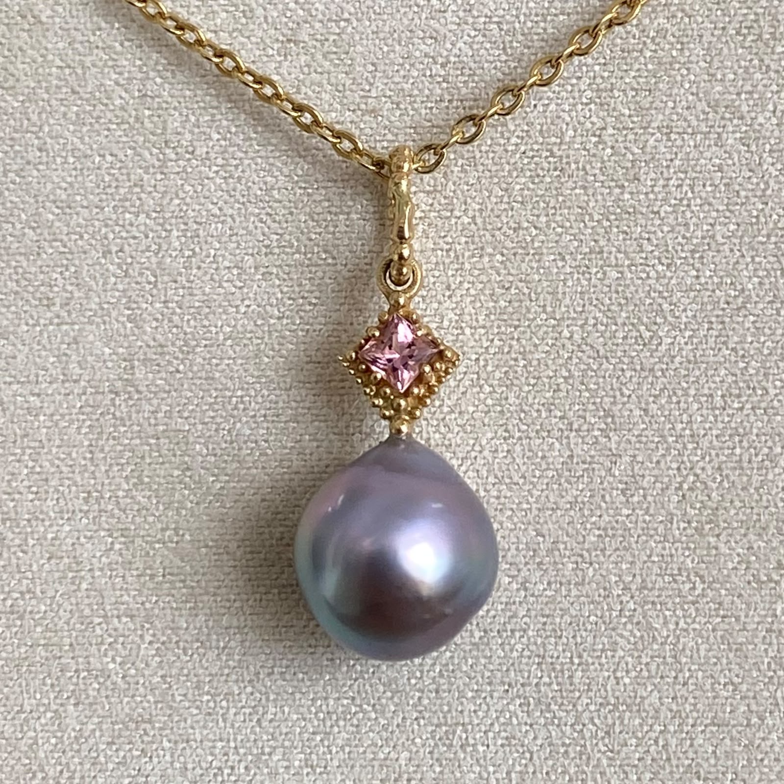 Lovely Cortez Pearl on 14K Yellow Gold Pendant with Pink Tourmaline by Kathe Mai - Image 2