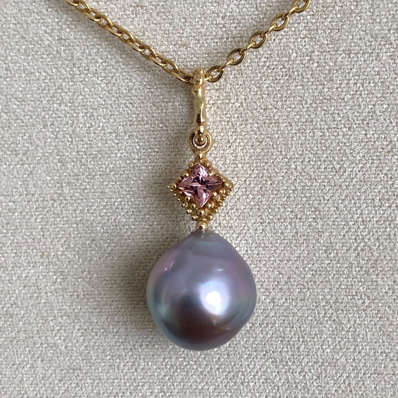 Lovely Cortez Pearl on 14K Yellow Gold Pendant with Pink Tourmaline by Kathe Mai - Image 4