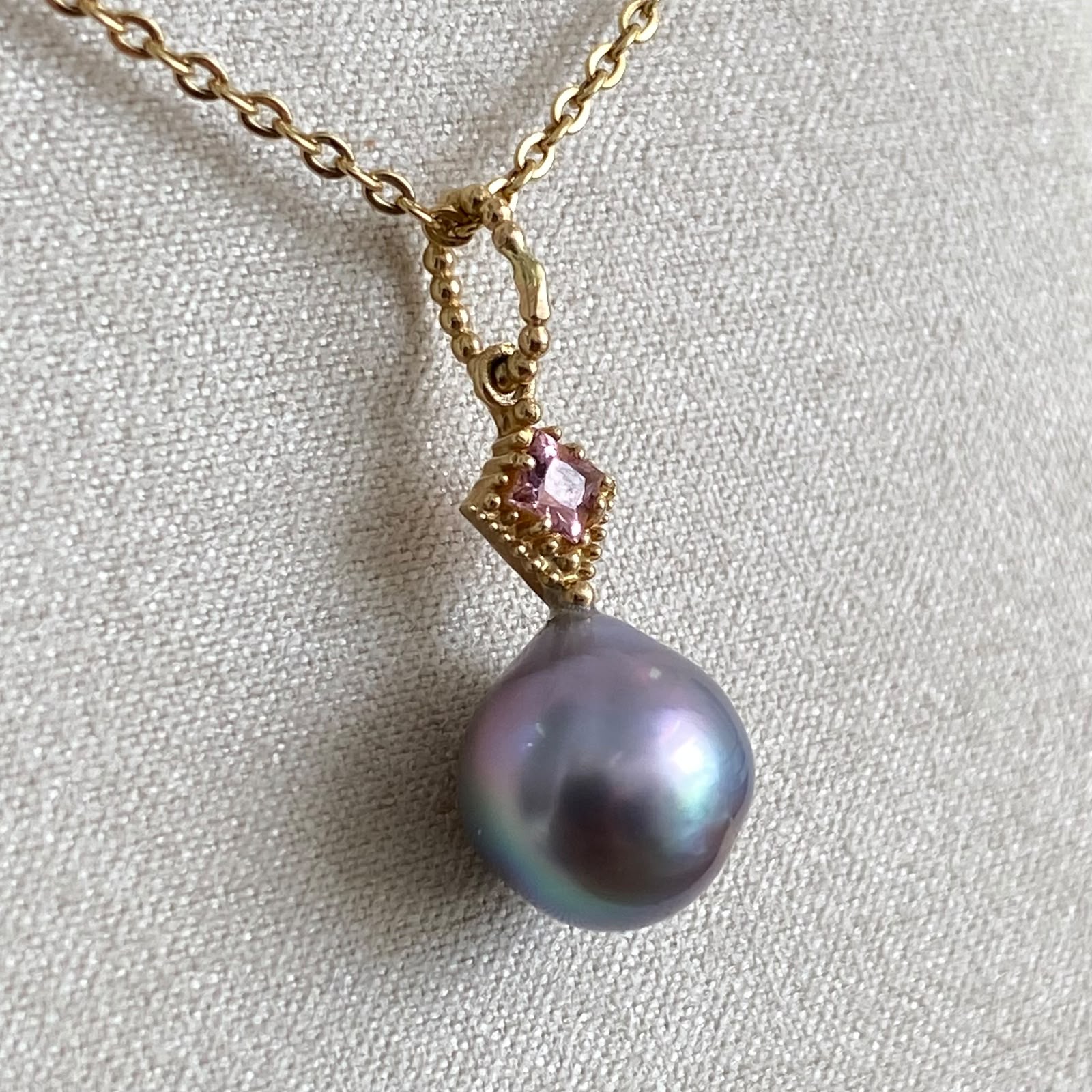 Lovely Cortez Pearl on 14K Yellow Gold Pendant with Pink Tourmaline by Kathe Mai - Image 3