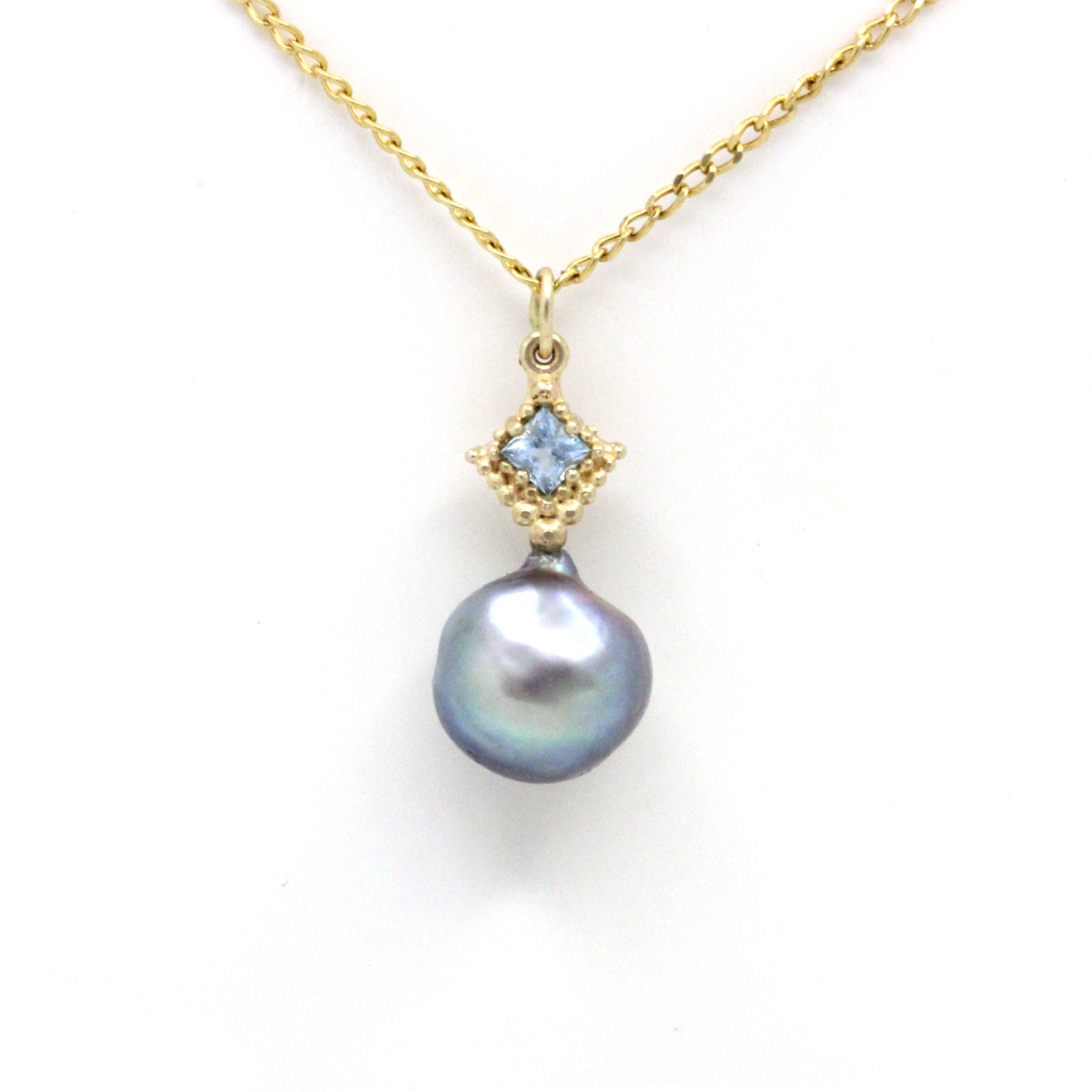 Beautiful Baroque Cortez Pearl on 14K Yellow Gold Pendant with Aquamarine by Kathe Mai
