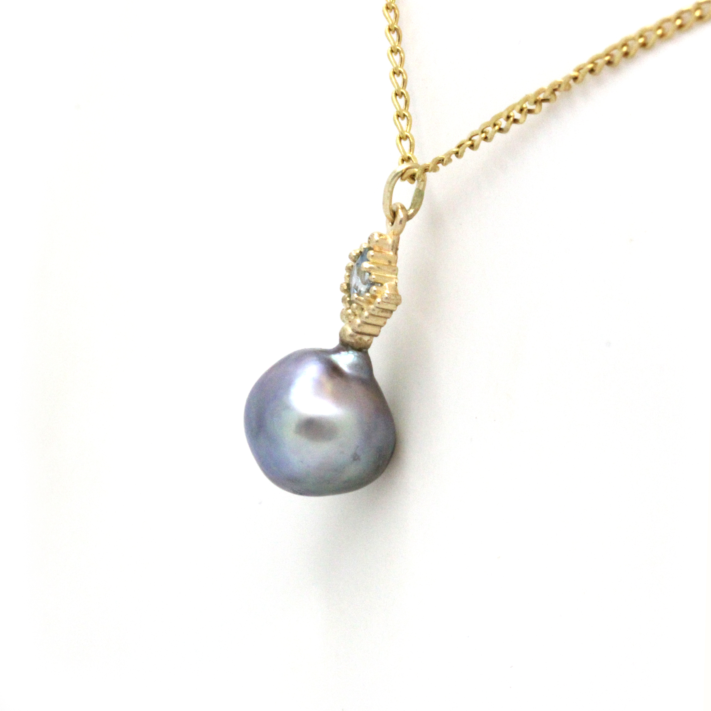 Beautiful Baroque Cortez Pearl on 14K Yellow Gold Pendant with Aquamarine by Kathe Mai - Image 3