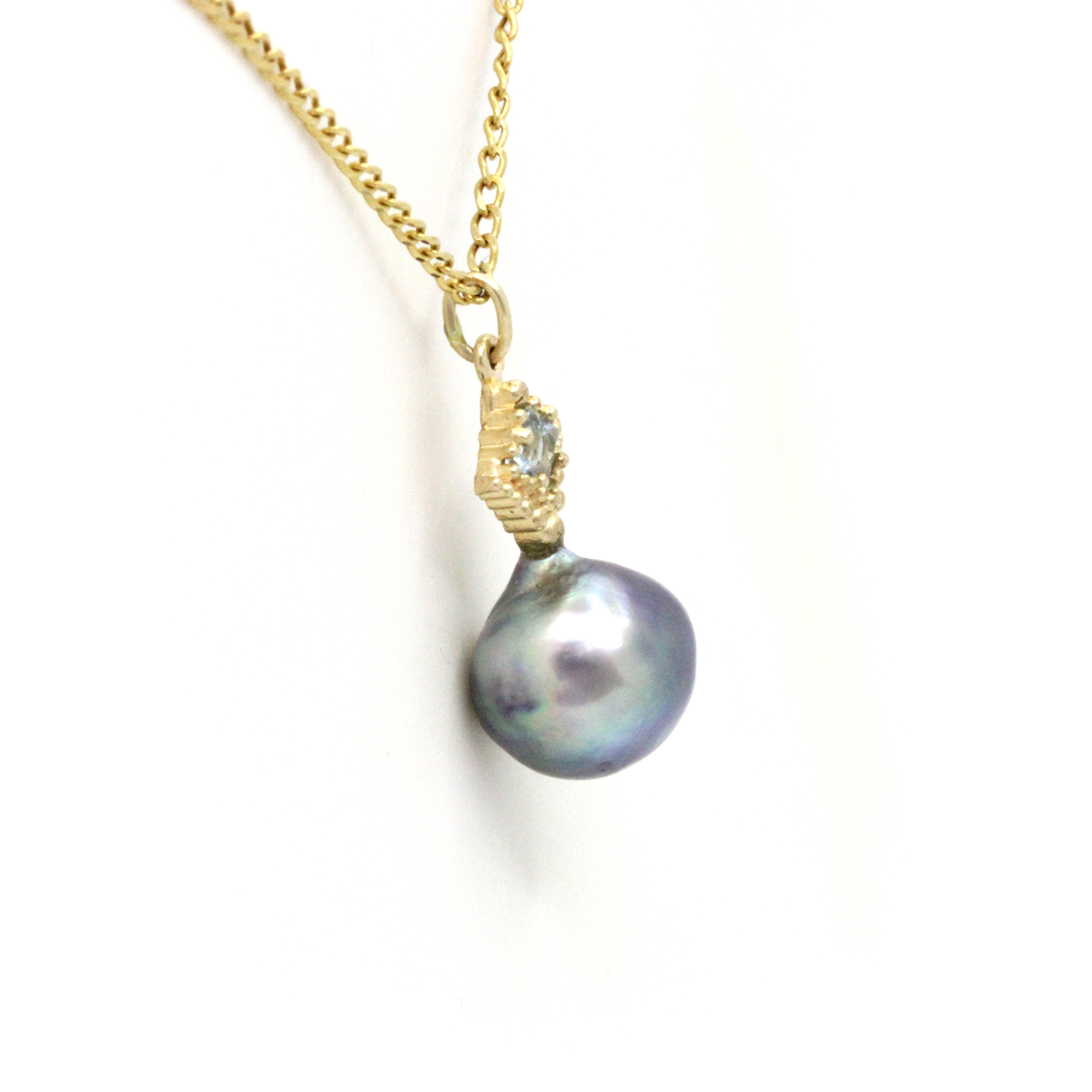Beautiful Baroque Cortez Pearl on 14K Yellow Gold Pendant with Aquamarine by Kathe Mai - Image 5