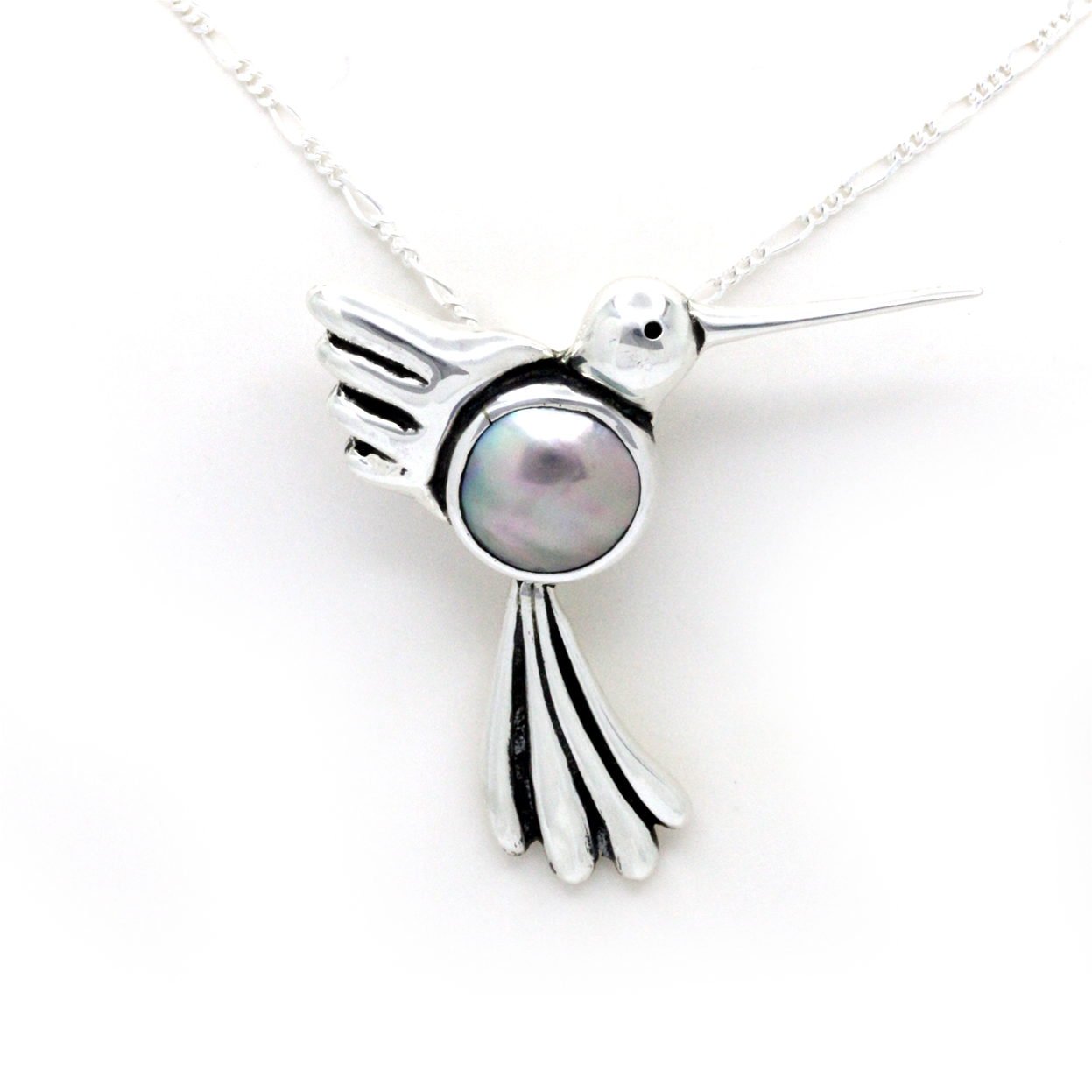 "Hummingbird" Silver Pendant with Cortez Mabe Pearl by Priscila Canales