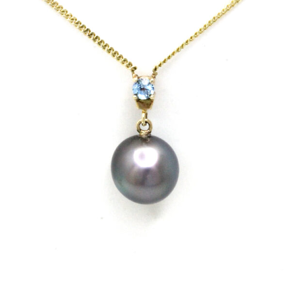 Oscura Perla azul/morada del Mar de Cortez en Dije con cadena de Oro Amarillo 14 K con Aquamarina