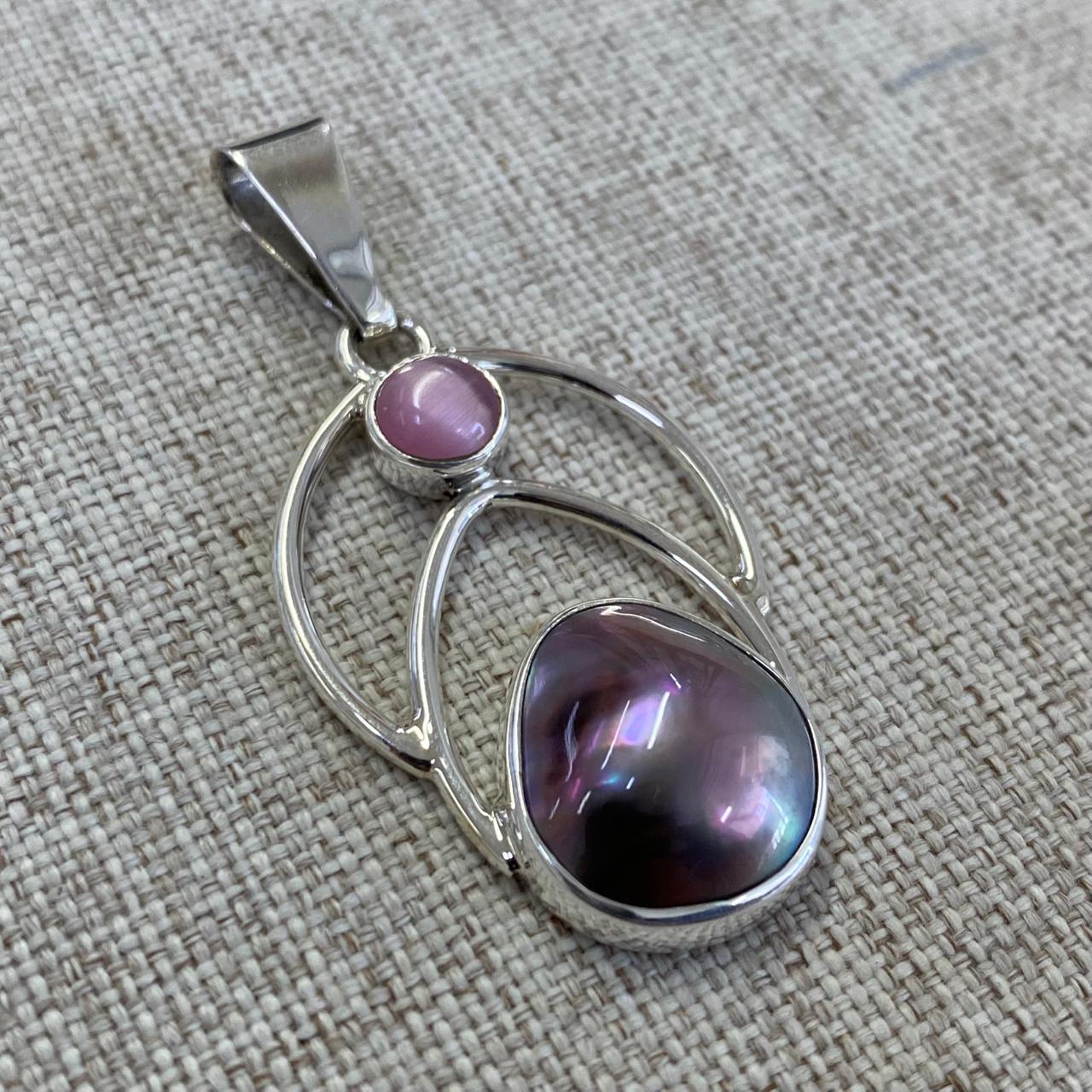 Dije de plata con Perla Mabe del Mar de Cortez y "Ojo de Gato" rosa - Image 7